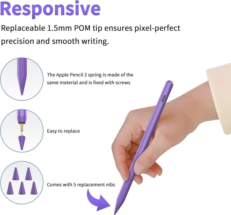 HZD Stylus Pen for iPad 2025-2018 Faster Charge Apple Pencil with Tilt Sensitivity & Palm Rejection & Magnetic Compatible iPad 11/10/9/8/7/6, Pad Air 3/4/5, Pro 12.9"/11", Mini 6/5, M2/M4 Purple - Image 5